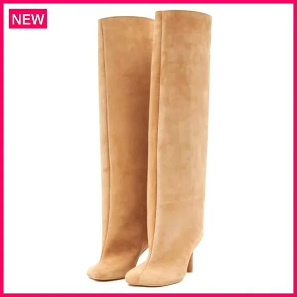 Suede Knee High Boots Square Toe Stiletto Heels Wide Calf Tall Boots - Picture 2 of 8